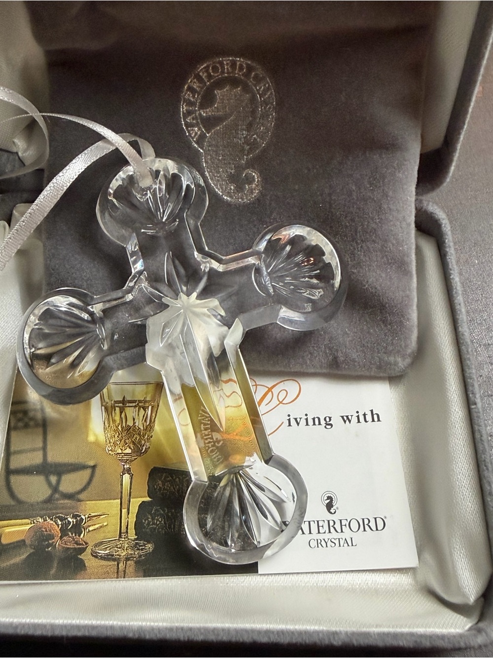 Waterford Clear Crystal Cross Ornament with Ribbon